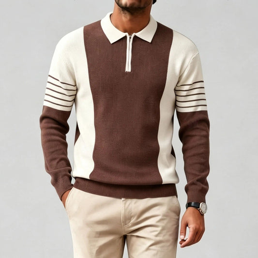 Men's Casual Striped Two-Tone Half-Zip Crew-Neck Sweater