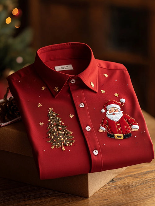 Men's Business Luxury Santa Claus and Evergreen Pine Long Sleeve Shirt