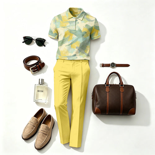 Men's Casual Lemon Yellow Printed Polo Shirt And Pants Two-Piece Set