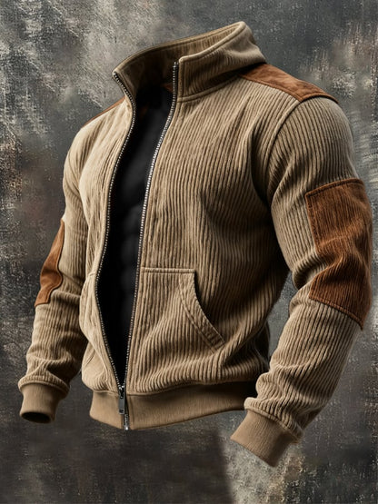 Men's Retro Spliced Zipper Lapel Jacket