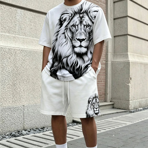 Men's White Printed Crew-Neck Short-Sleeve T-Shirt and Shorts Set