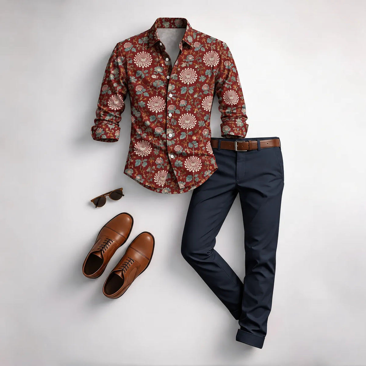 Men's Vintage Floral Print Long-Sleeve Shirt and Pants Set