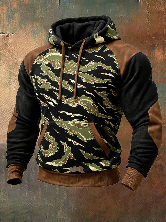 Men's Retro Distressed Color Block Camouflage Print Casual Long Sleeve Sweatshirt