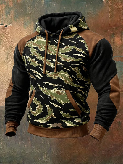 Men's Retro Distressed Color Block Camouflage Print Casual Long Sleeve Sweatshirt