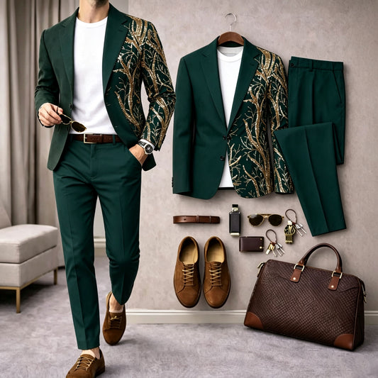 Men's Gold-Printed Long-Sleeve Shirt and Pants Suit Set