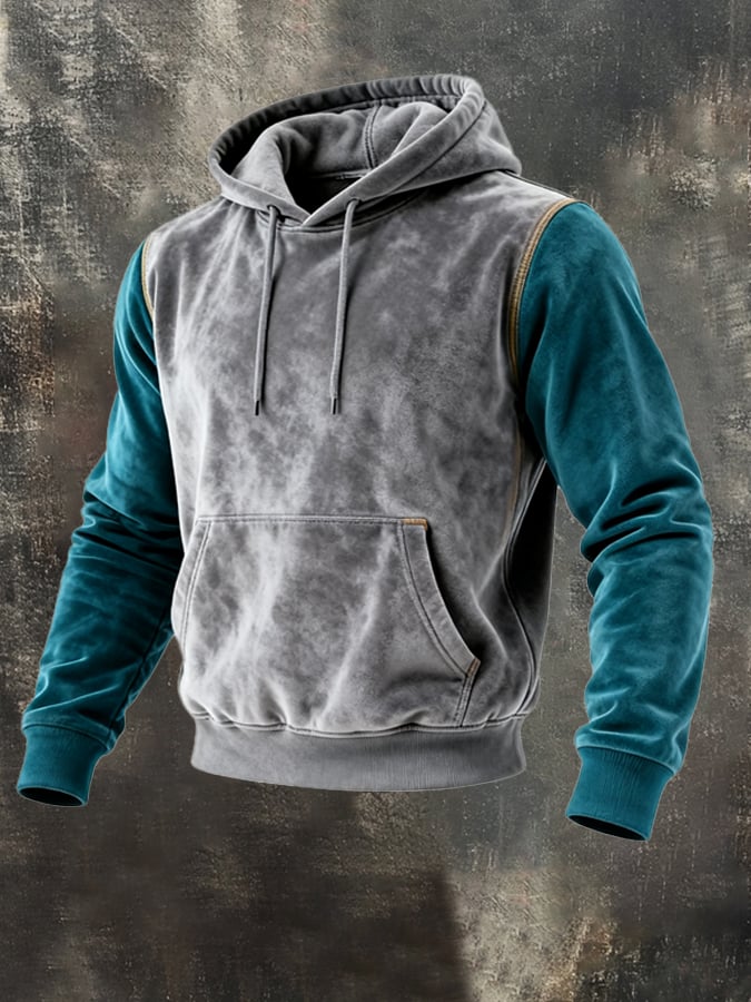 Men's Retro Suede Stitching Contrast Color Comfort Hooded Sweatshirt