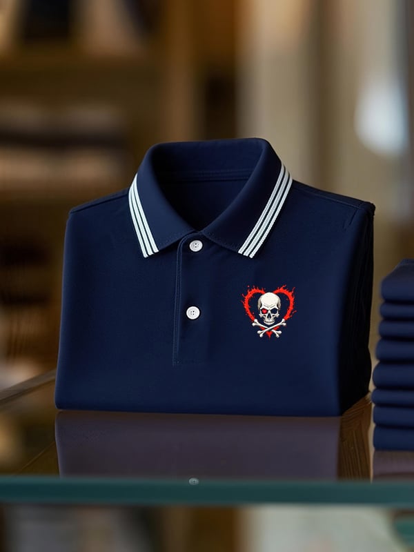 Men's Classic Business Skull Logo Button Short Sleeve Polo Shirt