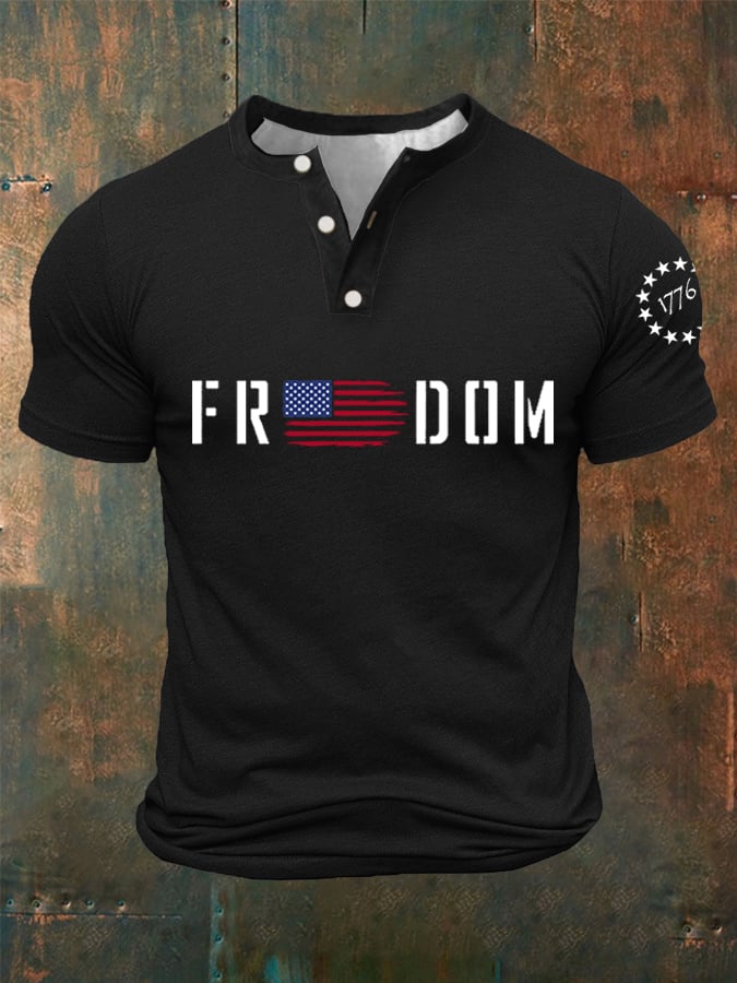 Men's Freedom1776 American Flag Independence Day Buttons Neck Top