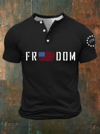 Men's Freedom1776 American Flag Independence Day Buttons Neck Top