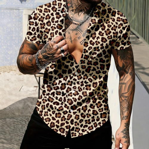 Men's Casual Light Brown Leopard-Print Short-Sleeve Shirt