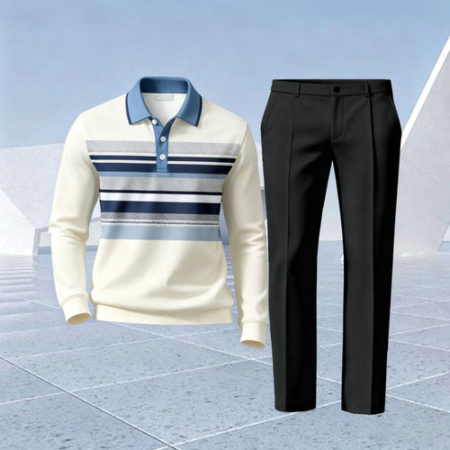 Men's Two-Piece Set: Color-Blocked Striped Polo Shirt and Pants