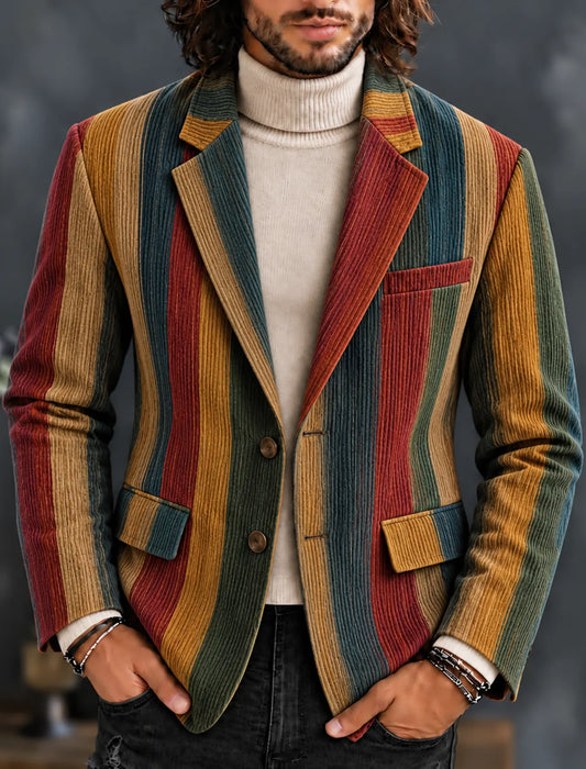 Men's Vintage Rainbow Strip Pattern Color-block Print Casual Corduroy Blazer