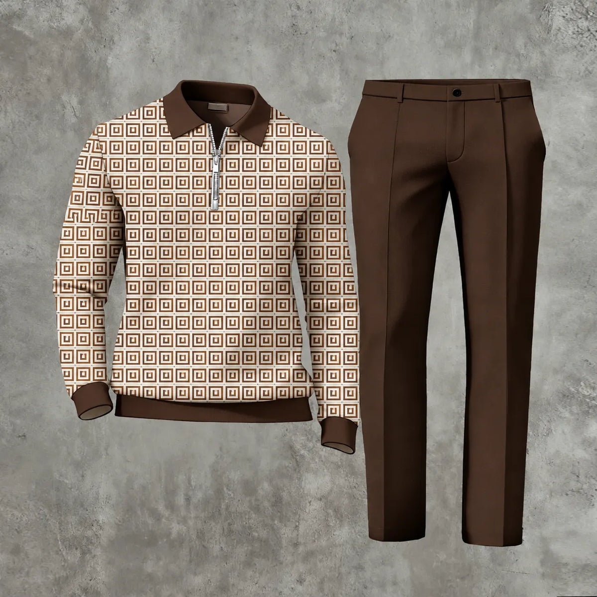 Men's Printed Zipper Polo Shirt and Pants Set