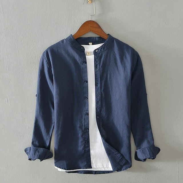 Men's Shirt Linen Shirt Casual Shirt Button Up Shirt Cotton Shirt Plain Vacation Hawaiian White Navy Blue Khaki Gray Long-Sleeve Band Collar Spring Fall Clothing Apparel Button-Down
