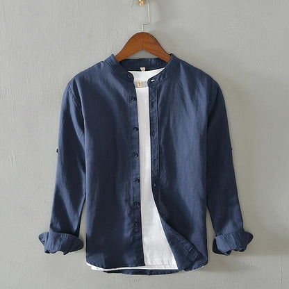 Men's Shirt Linen Shirt Casual Shirt Button Up Shirt Cotton Shirt Plain Vacation Hawaiian White Navy Blue Khaki Gray Long-Sleeve Band Collar Spring Fall Clothing Apparel Button-Down