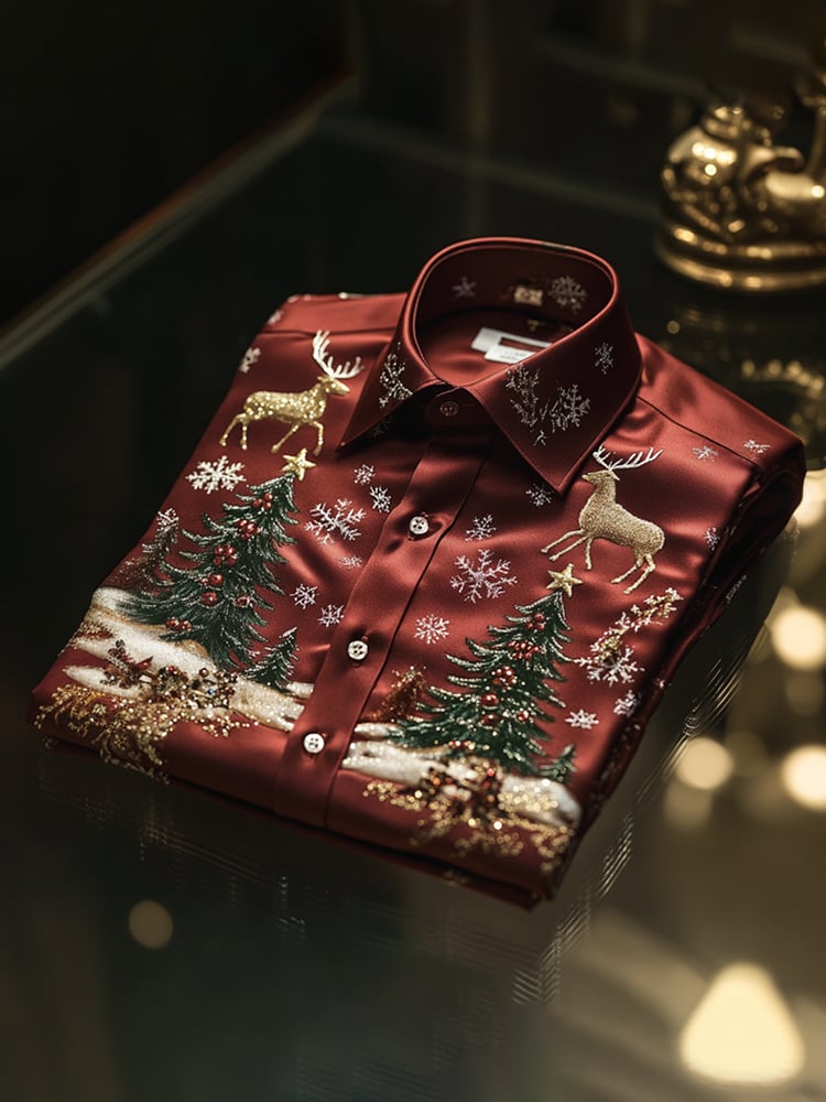 Men's Christmas Satin Luxe Long Sleeve Button Down Shirt