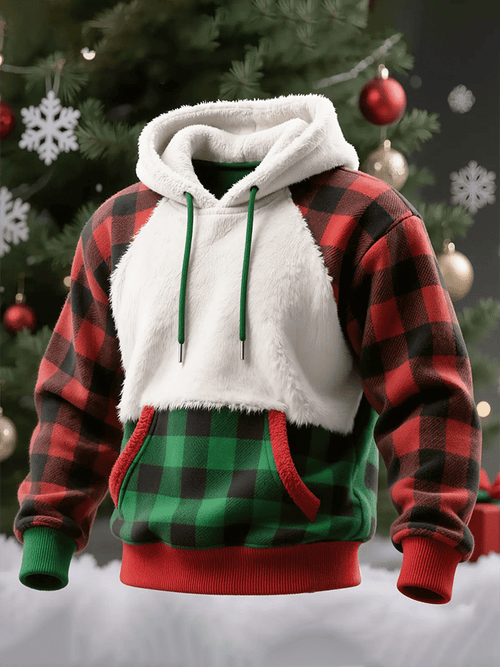 Men's Plush Patchwork Christmas Plaid Hooded Sweatshirt