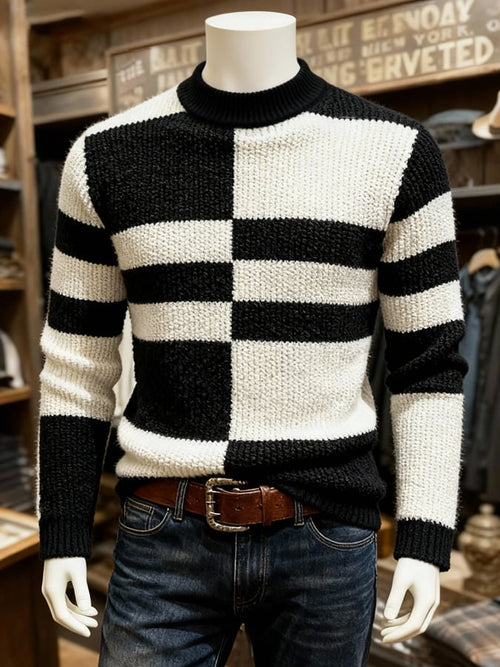 Men'S Warm Ribbed Contrast Color Mid-High Collar Sweater