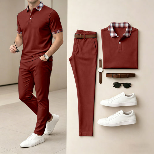 Men's Red Short-Sleeve Polo Shirt and Long Pants Two-Piece Set