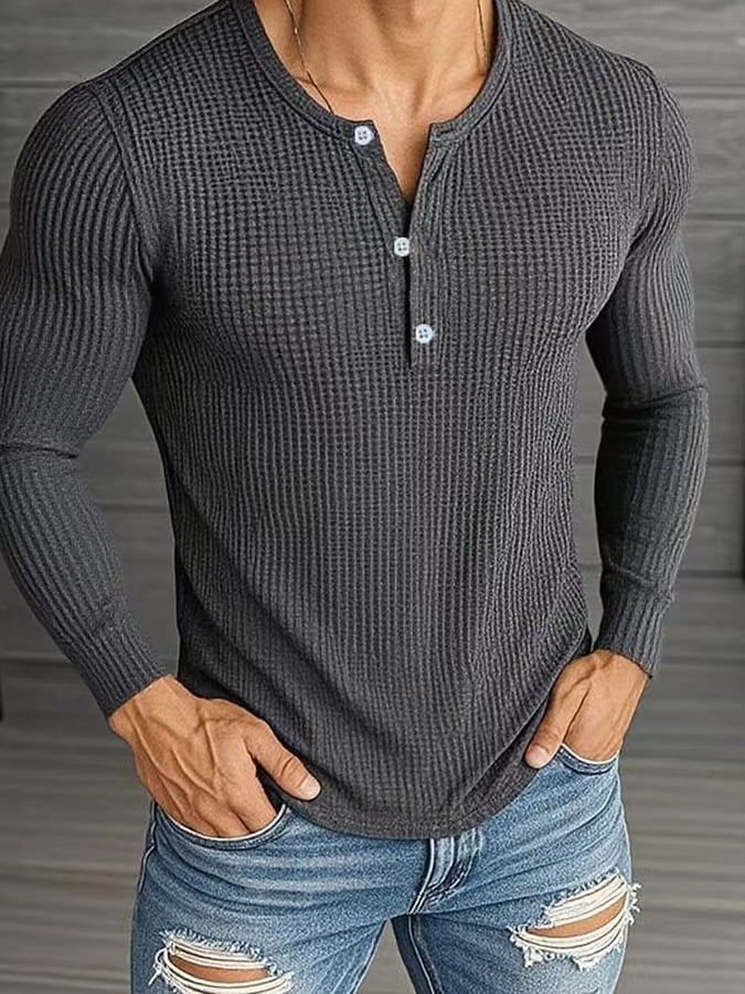 Men's Casual Solid Waffle Long Sleeve Henley