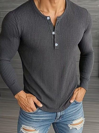Men's Casual Solid Waffle Long Sleeve Henley