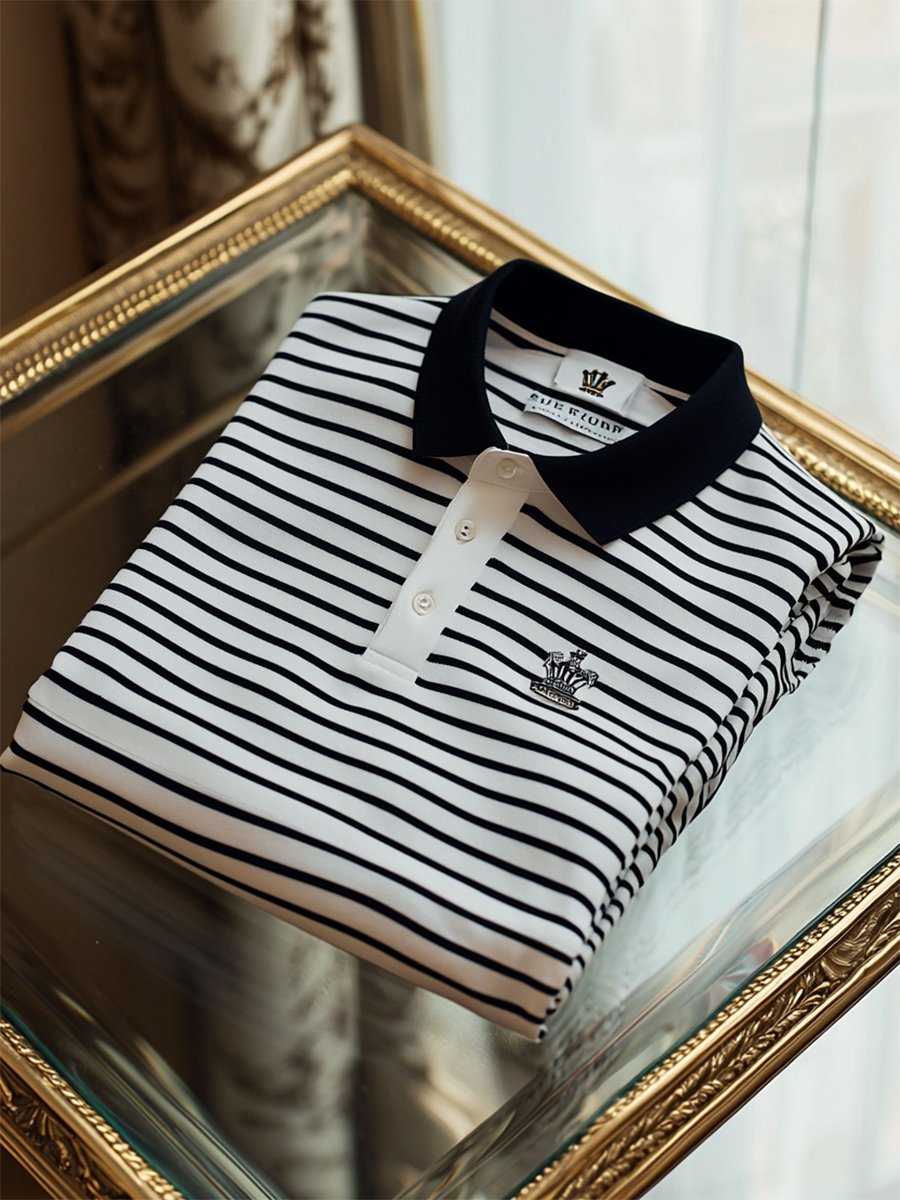 Men's Business Casual Striped Logo Button Short Sleeve Polo Shirt