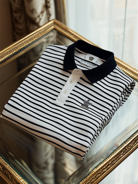 Men's Business Casual Striped Logo Button Short Sleeve Polo Shirt