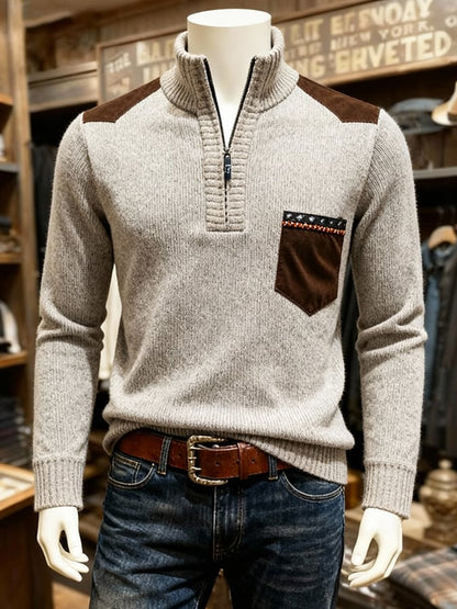 Men's Warm Heathered Contrast Half-Zip Sweater