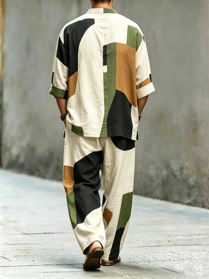 Men's Vintage Abstract Art Printed Cotton Shirt Set (Top & Pants)