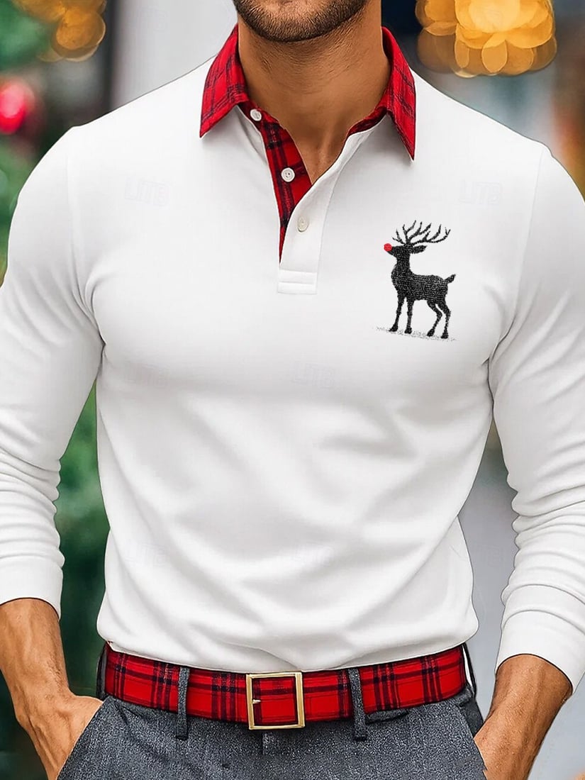 Men's Christmas Plaid Long Sleeve Polo Shirt