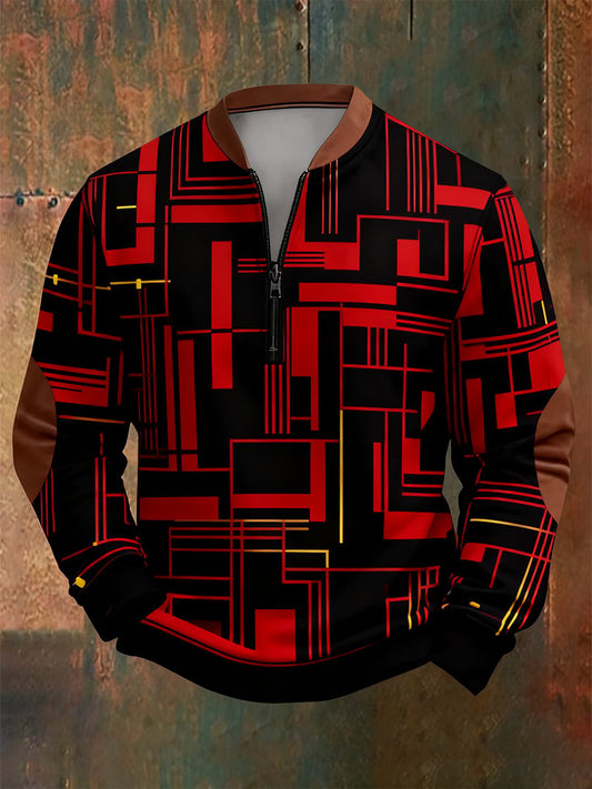 Men's Retro Bauhaus Geometric Style Print Quarter Zip Sweatshirt