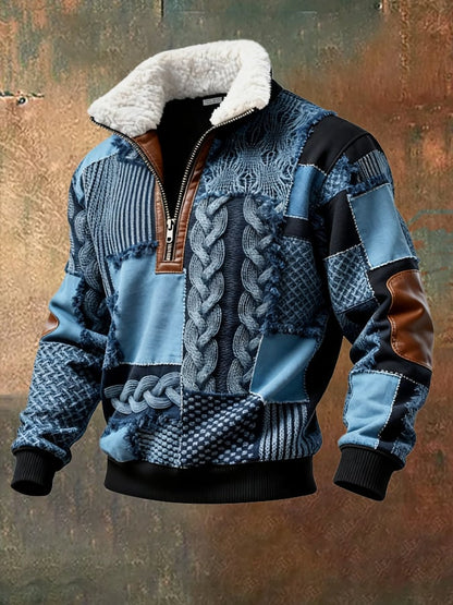 Men's Retro Color Block Print Casual Fur Collar Long Sleeve Sweatshirt