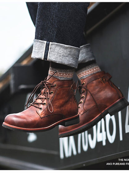 Men's Casual Retro American Flag Element High-Top Embroidered Retro Wide-Toe Western Cowboy Boots