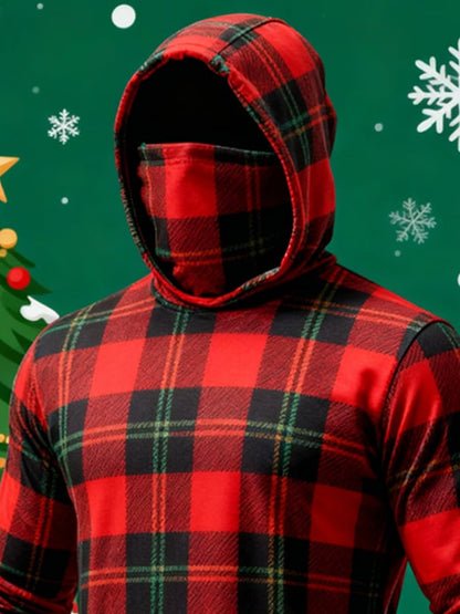 Men's Retro Plaid Face Mask Christmas Hooded Long-Sleeved Top