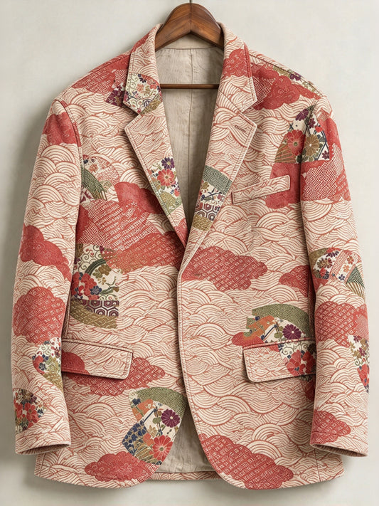 Men's Vintage Japanese Wave And Cherry Blossom Print  Casual Blazer