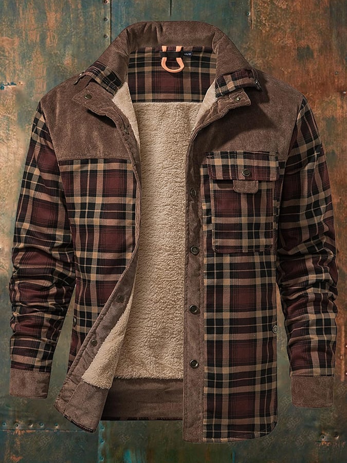 Men's Vintage Plaid Stand Collar Plus Velvet Autumn And Winter Jacket
