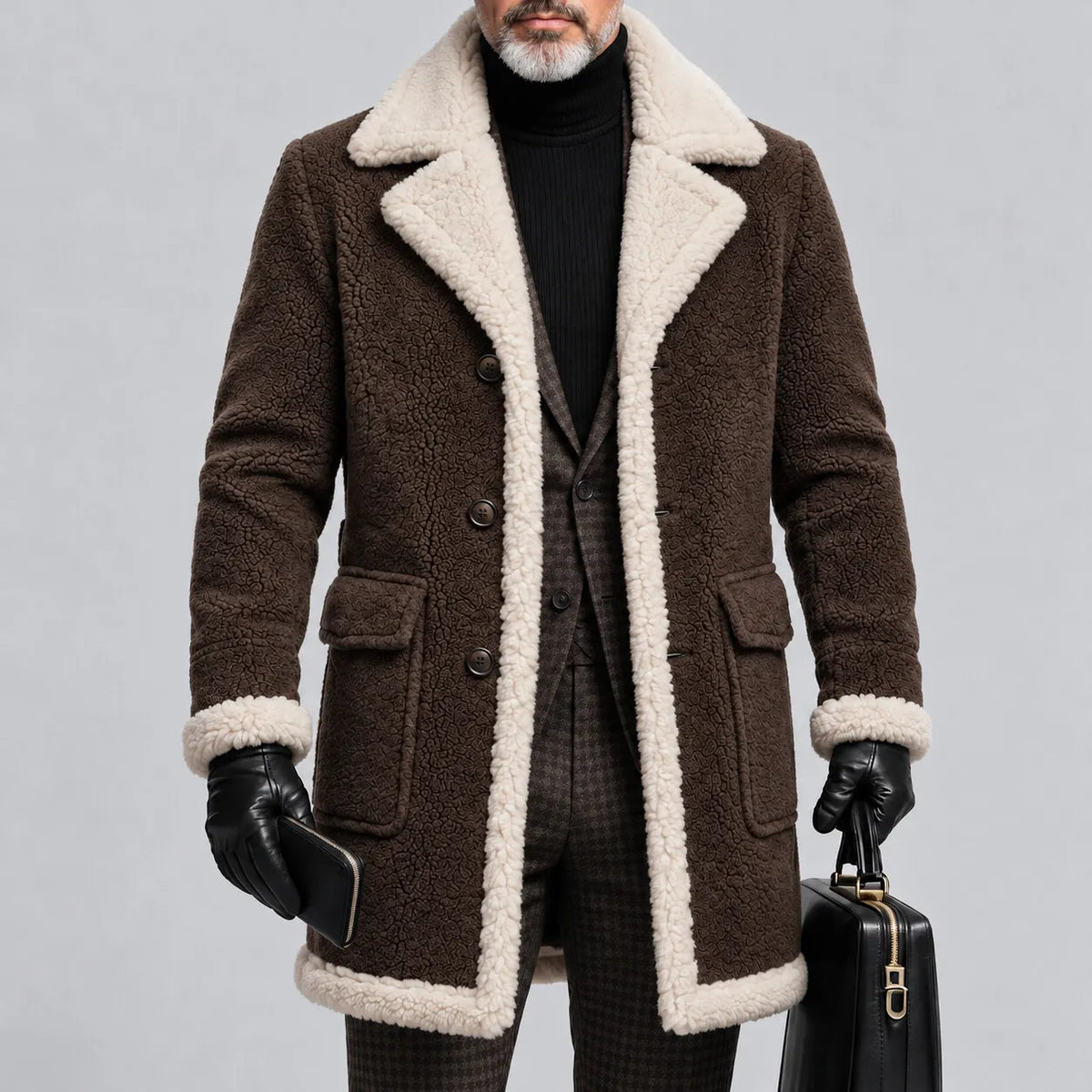 Men's Solid Color Lapel Collar Single Breasted Flap Pockets Sherpa Lined Trench Coat