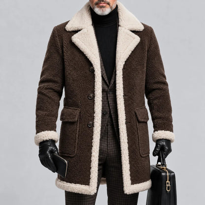 Men's Solid Color Lapel Collar Single Breasted Flap Pockets Sherpa Lined Trench Coat