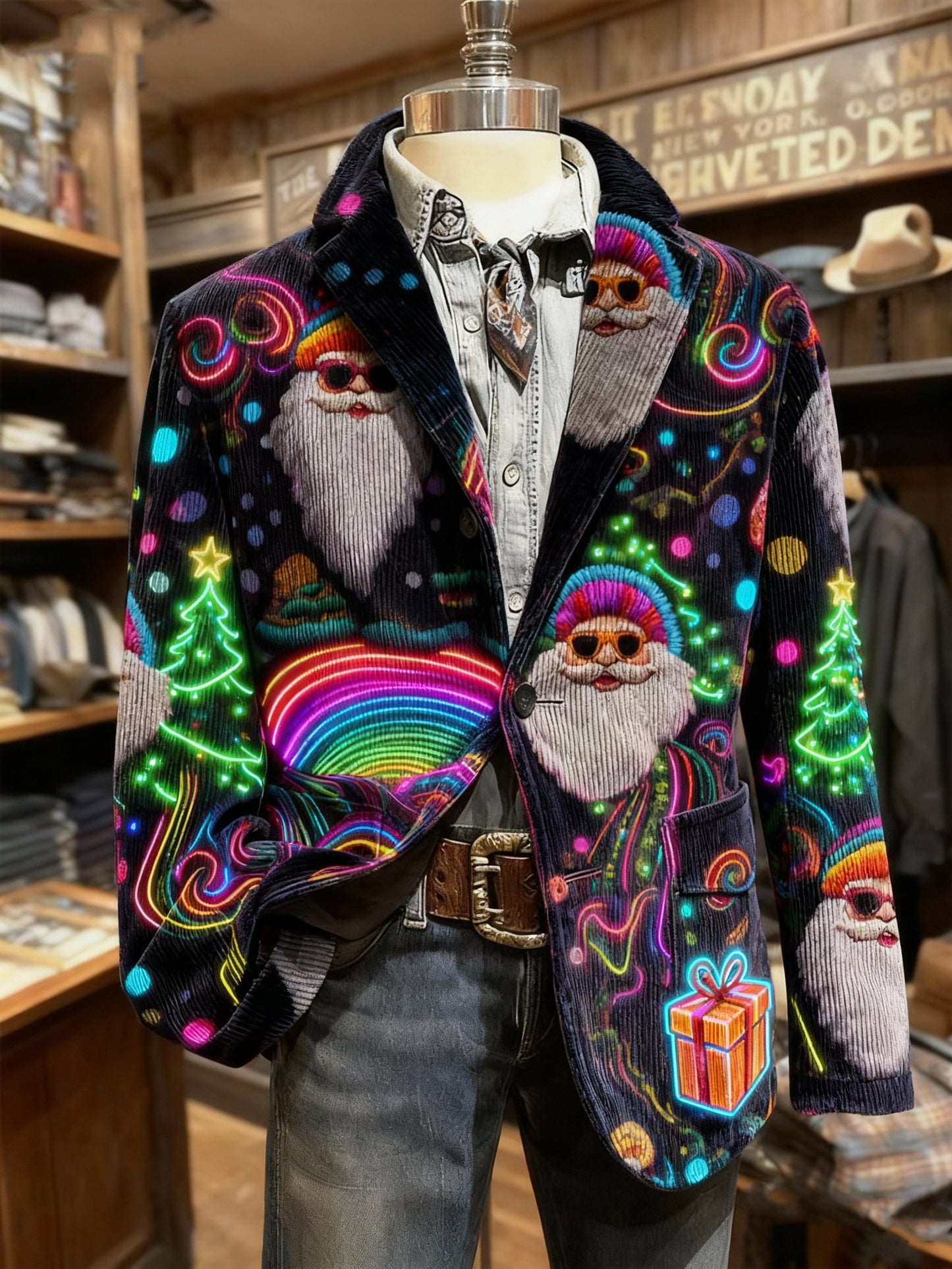 Men's Vintage Boho Christmas Santa Print Casual Jacket
