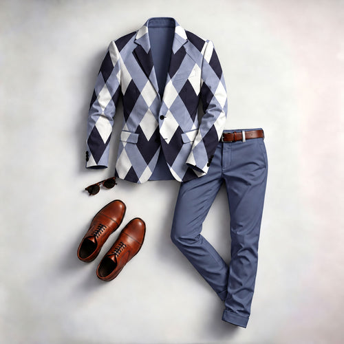 Men's Diamond-Patterned Print Suit Set (Jacket and Pants)