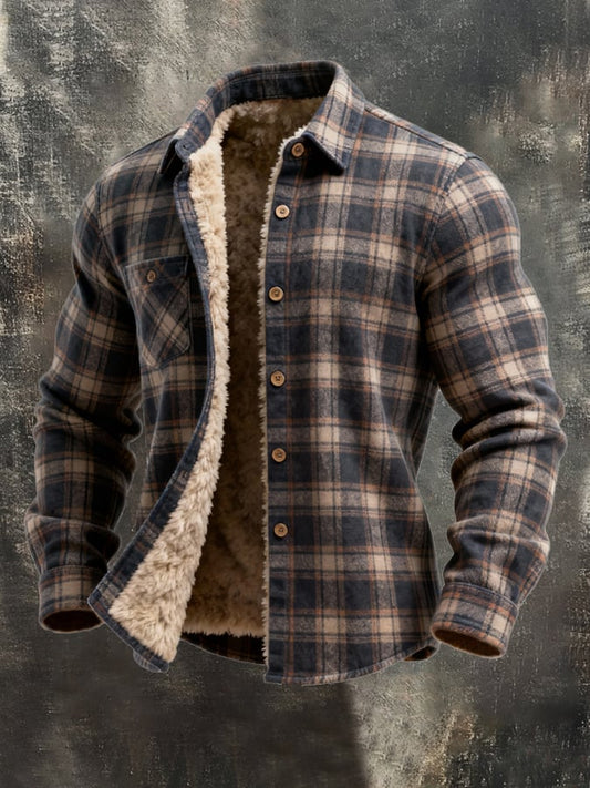 Men's Retro Plaid Warm Lambswool Lined Long Sleeve Shirt