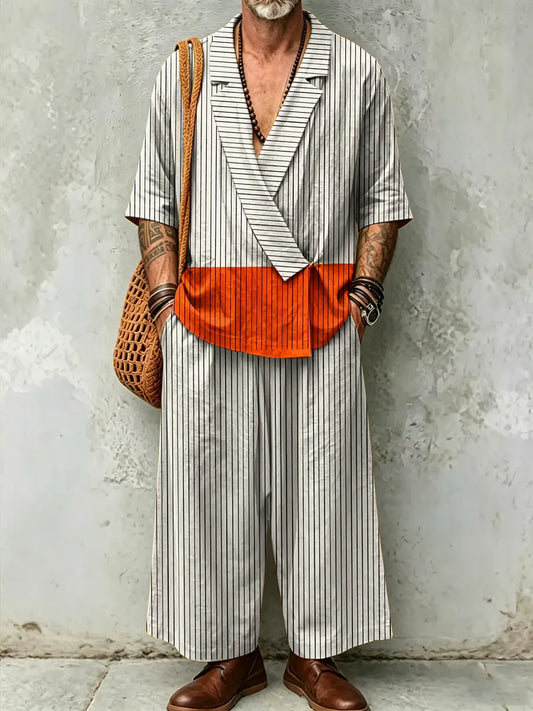 Men's Abstract Art Print Casual Linen Suit Collar Short-sleeved Top And Pants Two-piece