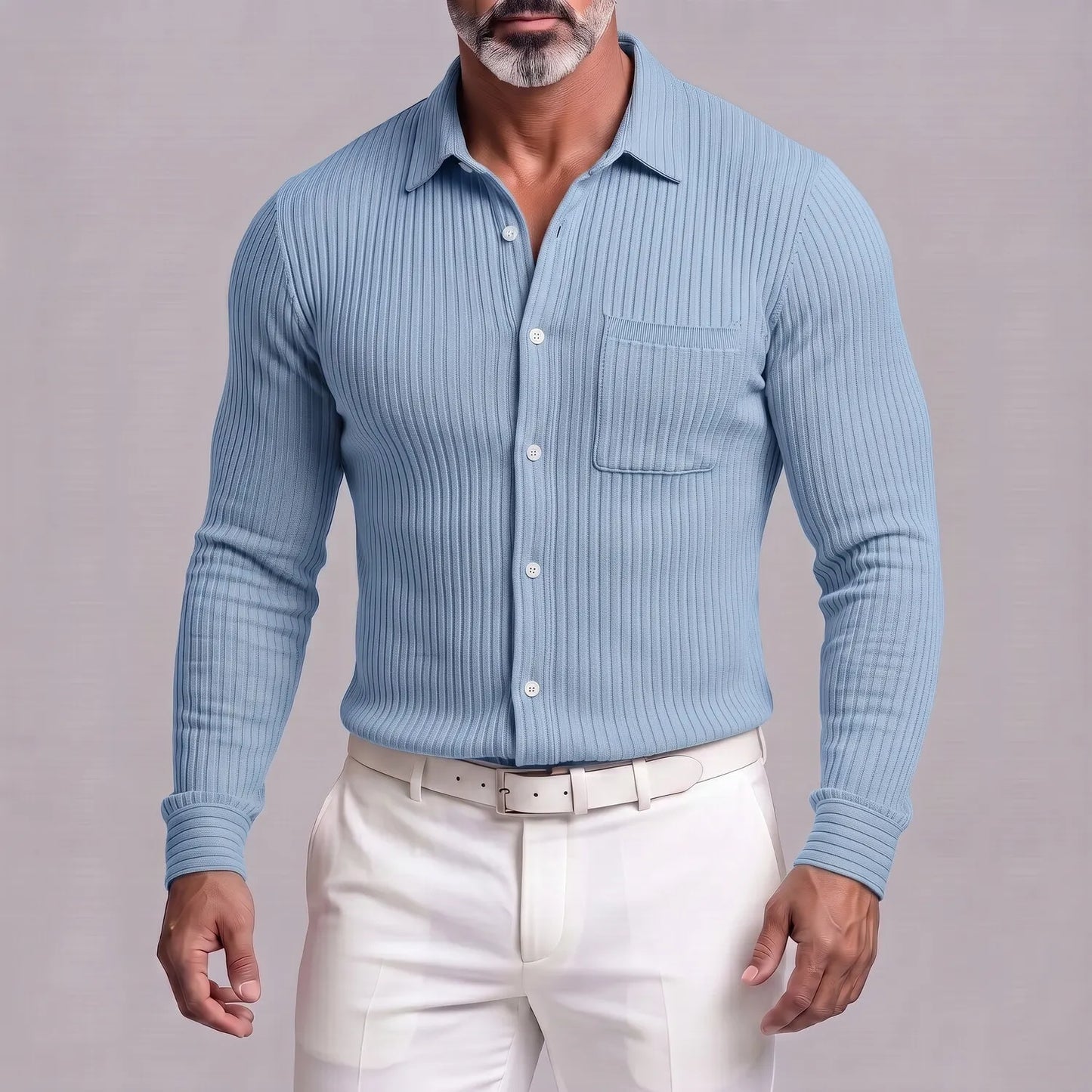 Men's Casual Ribbed Knit Single Breasted Chest Pocket Slim Fit Long Sleeve Shirt