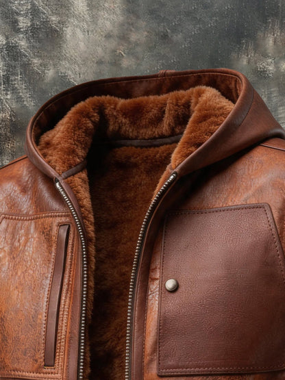 Men's Vintage Distressed Leather Hooded Vest with Fleece Lining