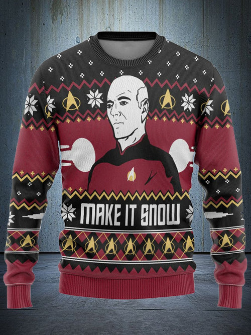 Funny Captain Luc Picard Snowy Christmas Custom Ugly Print Pullover - Unisex