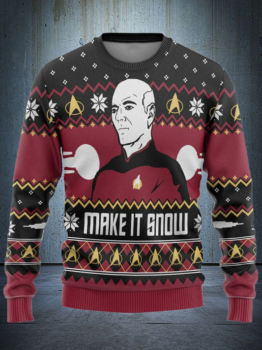 Funny Captain Luc Picard Snowy Christmas Custom Ugly Print Pullover - Unisex