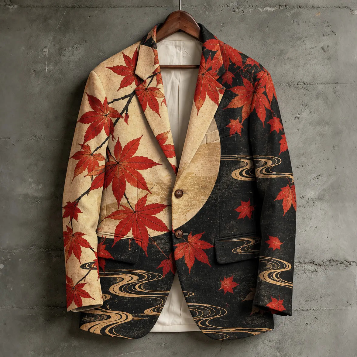 Men's Vintage-style Japanese Maple Leaf Print Casual Blazer