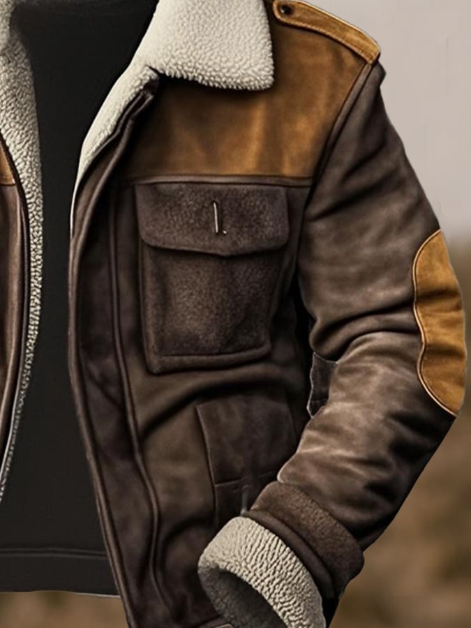 Men's Retro Classic Distressed Casual Fur Collar Pocket Jacket