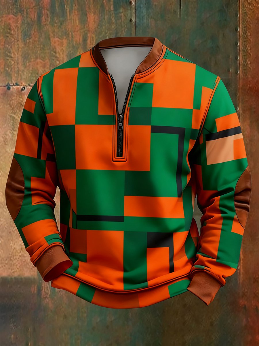 Men's Retro Bauhaus Geometric Style Print Quarter Zip Sweatshirt