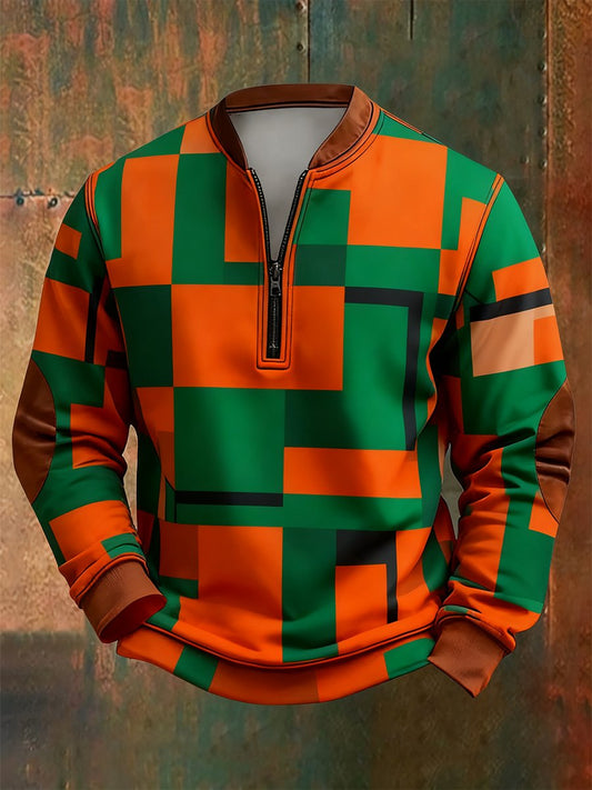 Men's Retro Bauhaus Geometric Style Print Quarter Zip Sweatshirt